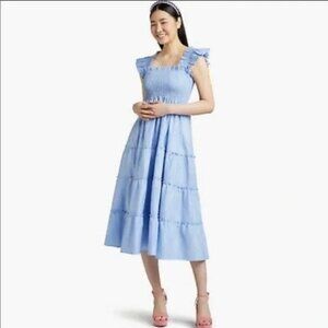 Light Blue Tiered Midi Dress with Smocked Bodice